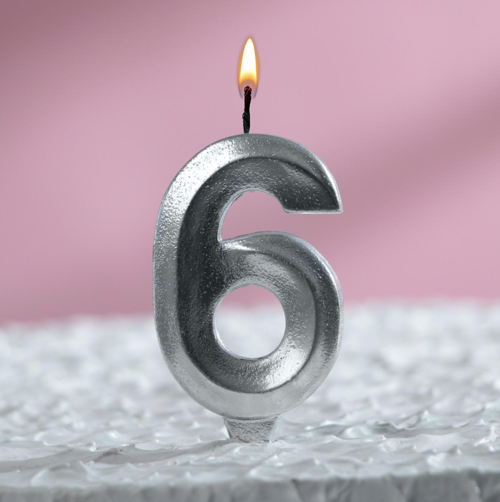Изображение Свеча в торт "Грань", цифра "6", серебряный металлик